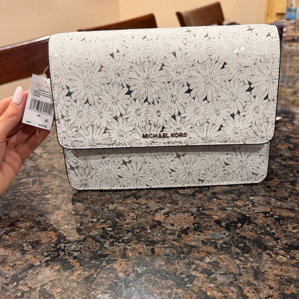 Bridal Michael Kors White Silver Floral Crossbody Bag Purse Clutch